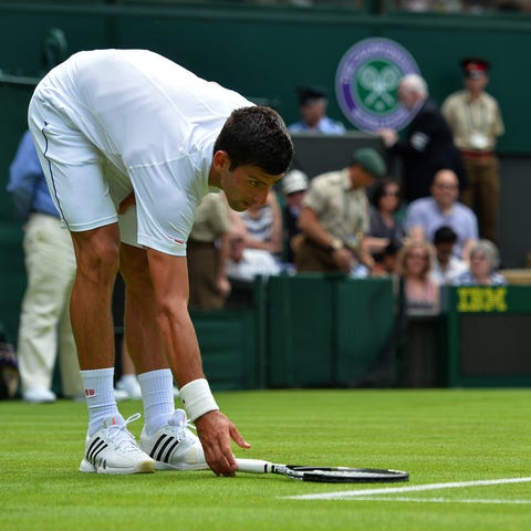 Serbia's Novak Djokovic tries to shoo a bird from 