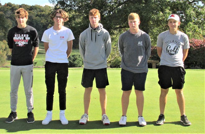 The Hiland golf team of juniors Kenny Weaver (from left), Brookston Hummel, Carter Mishler, sophomore Nathan Kline and junior Garret Shoup will defend the Div. III state championship for the Hawks, with visions of a three-peat looming next year.