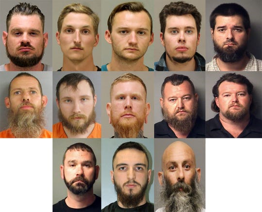 Clockwise from left, Adam Fox, Daniel Harris, Kaleb Franks, Ty Garbin, Eric Molitor, Paul Musico, Joseph Morrison, William Null, Michael Null, Shawn Fix, Paul Bellar and Barry Croft, all face charges related to what the FBI says was a plot to kidnap Michigan Gov. Gretchen Whitmer.