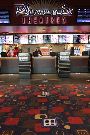 The lobby of Phoenix movie theater in Livonia with social distancing changes for customers on October 9, 2020.