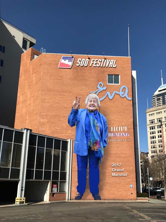 A rendering of the mural to honor Eva Kor on the 500 Festival building in downtown Indianapolis. The mural will be painted by artist Pamela Bliss, based on a photo by Mika Brown.