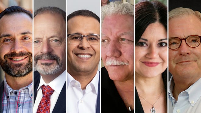 El Paso mayoral candidates (left to right): Calvin Zielsdorf, Oscar Leeser, Carlos Gallinar, Dean "Dino" Martinez, Verónica Carbajal, and Incumbent El Paso Mayor Dee Margo.