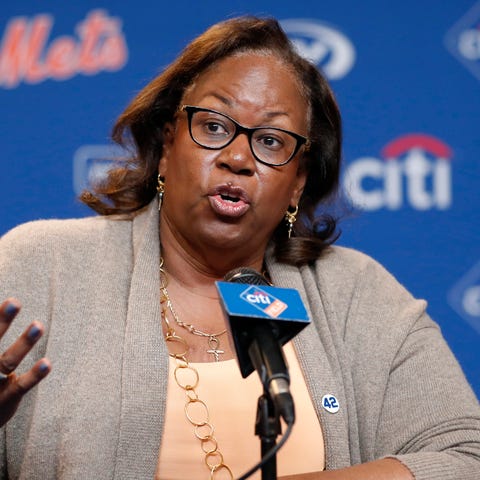 Sharon Robinson speaks to reporters at Citi Field 