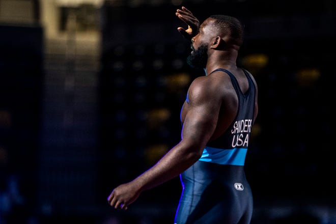 Kendrick Sanders celebrates after winning the 77kg final during the USA Wrestling Senior National Championships, Friday, Oct. 9, 2020, at the Xtream Arena in Coralville, Iowa.