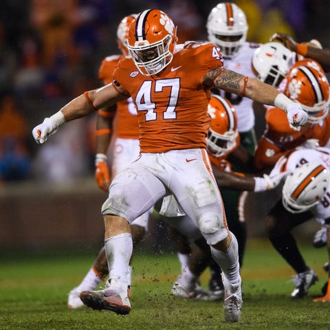 Clemson linebacker James Skalski (47) reacts after