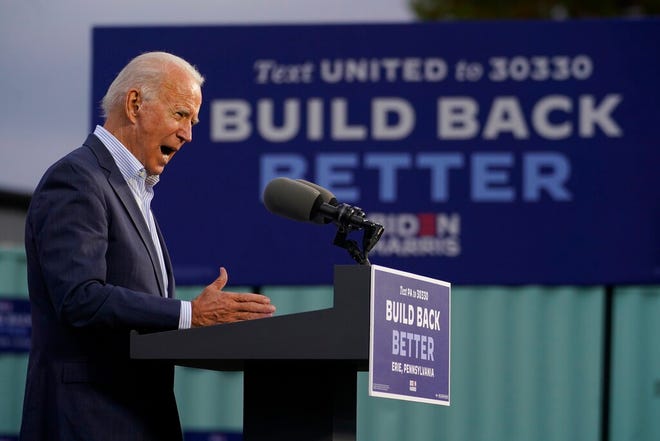 Democratic presidential candidate former Vice President Joe Biden speaks at the Plumbers Local Union No. 27 training center, Saturday, Oct. 10, 2020, in Erie, Pa. (AP Photo/Carolyn Kaster)