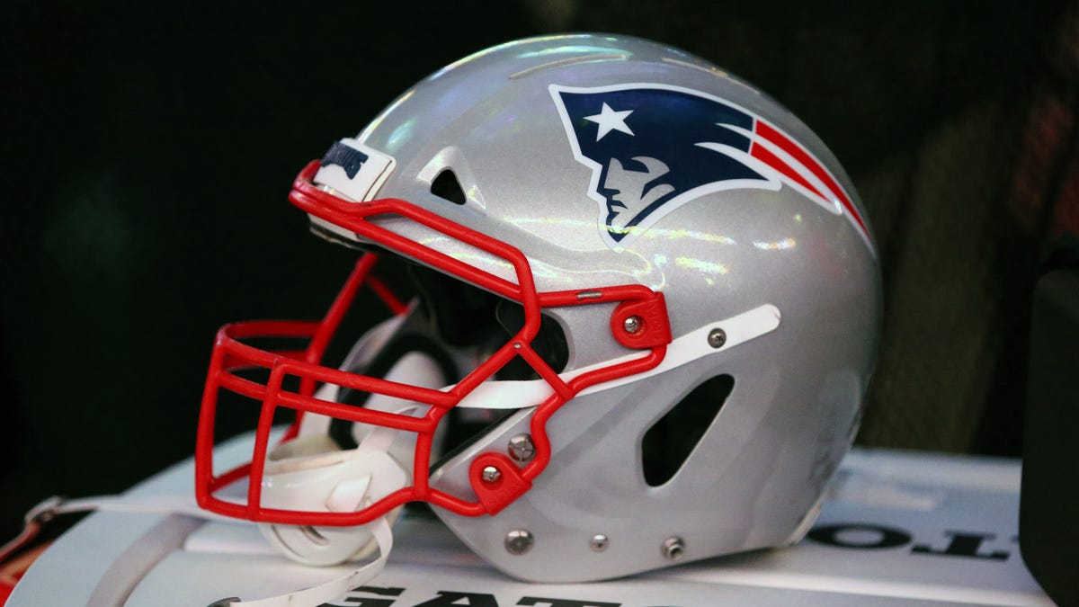 Detailed view of a New England Patriots helmet.