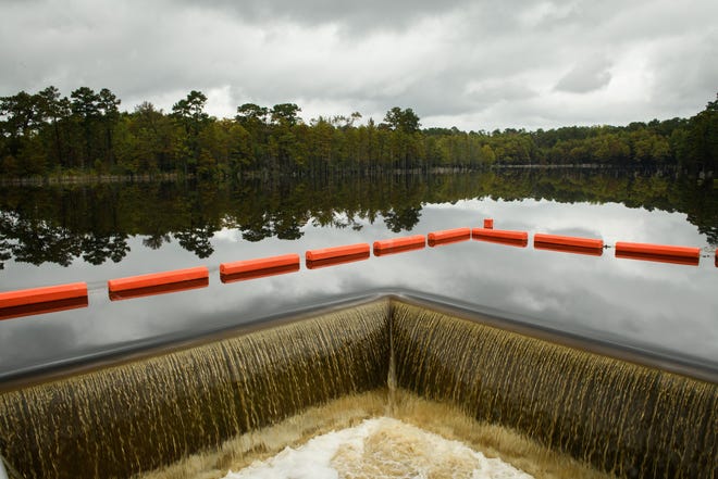 The spillway on the new dam at Carvers Creek State Park in Spring Lake on Monday.
