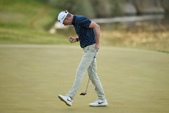 Oct 11, 2020; Las Vegas, Nevada, USA; Martin Laird celebrates after making birdie on the 17th hole of a playoff to win the Shriners Hospitals for Children Open golf tournament during the final round at TPC Summerlin. Mandatory Credit: Kelvin Kuo-USA TODAY Sports