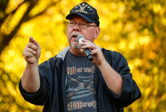Libertarian candidate for governor Donald Rainwater speaks to a crowd during a campaign event at Bare Arms Gun Range in Noblesville on Oct. 8.