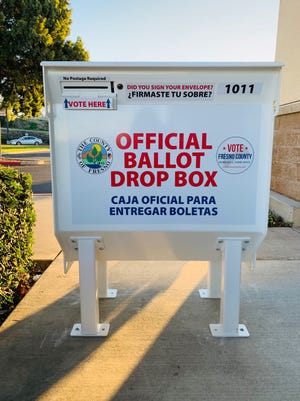 One of 66 official and secure ballot boxes in Fresno County.  Voters who wish to return their ballots to a drop box should only use official county drop boxes, officials said.