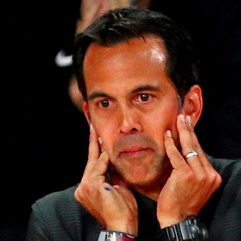Miami Heat head coach Erik Spoelstra reacts during