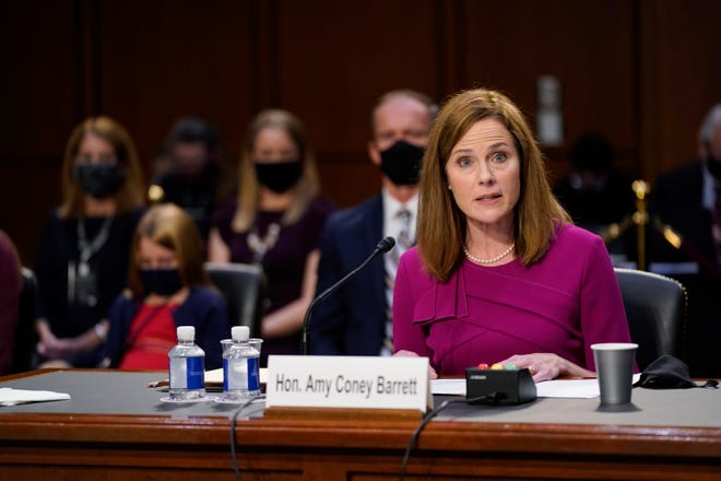 Amy Coney Barrett speaks October 12, 2020 during a confirmation hearing before the Senate Judiciary Committee.