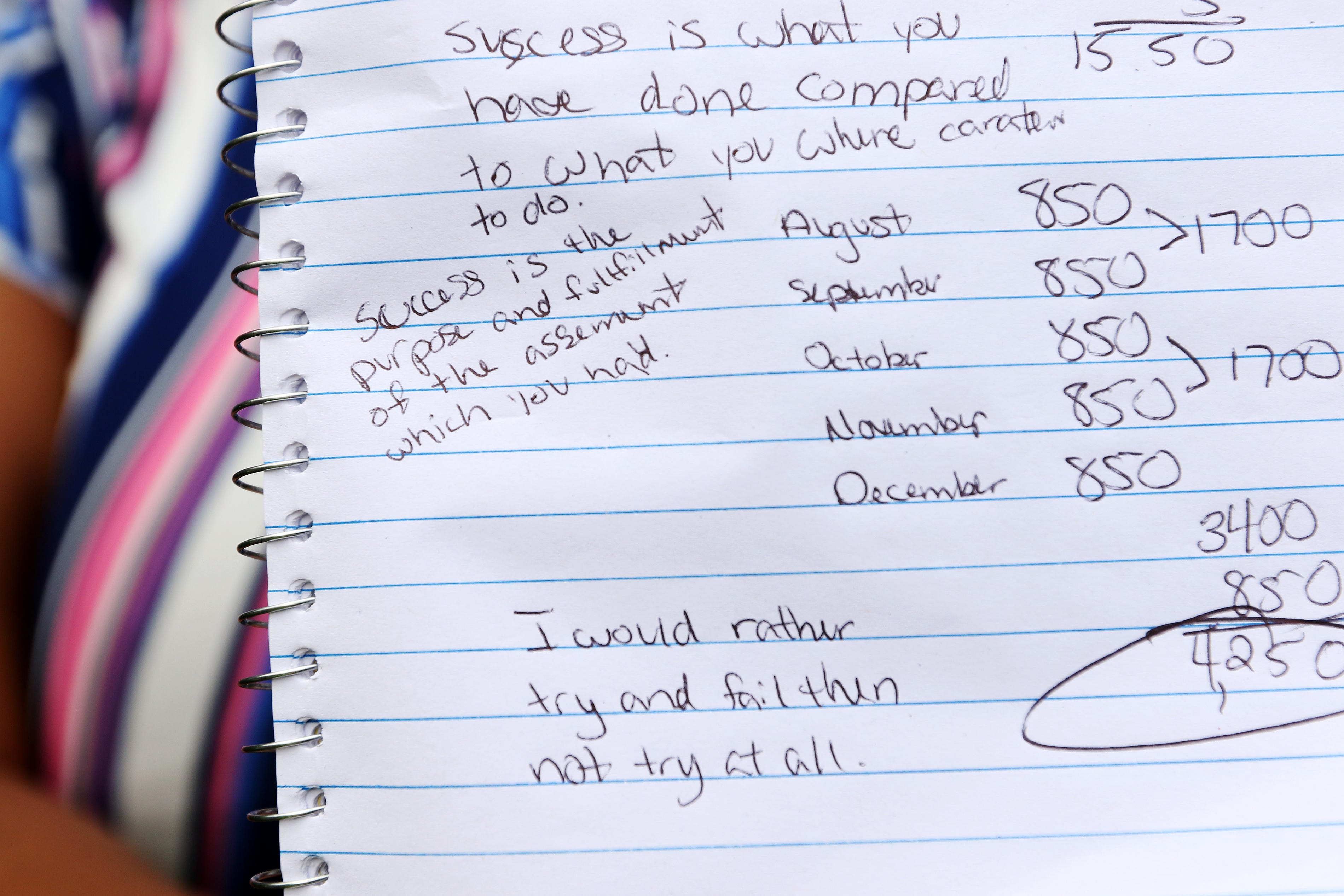 Latroya Goines holds her notebook showing her budget on Thursday July 9, 2020. Latroya started writing in a journal almost every day, filling notebooks with ideas and doodles, Bible verses and inspirational quotes. She was passionate about it. She believed the words and images could be a blueprint for the life she wanted to lead.