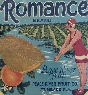 Romance brand oranges  brought in some of the first bathing beauties, who later wore two-piece suits, and, finally, bikinis.