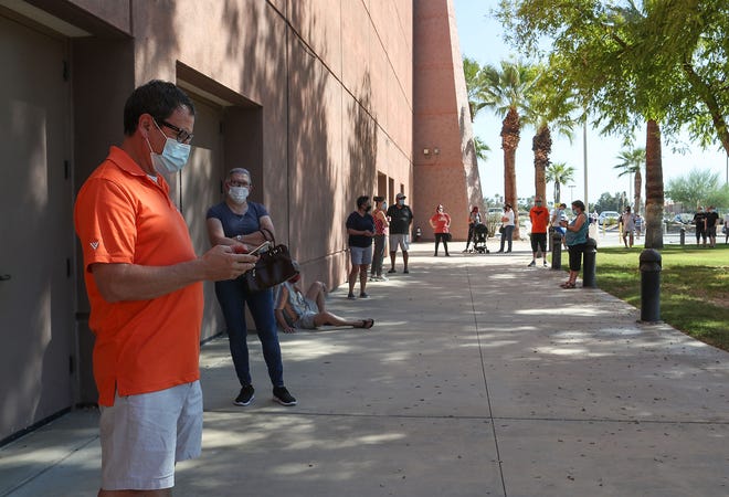 Dustin Strauch of Palm Desert is first in line for the free Covid-19 testing at the Palm Springs Convention Center.  The testing was being done through the Riverside University Health System, October 13, 2020.
