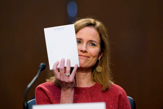 Supreme Court nominee Judge Amy Coney Barrett speaks during the second day of her Senate Judiciary committee confirmation hearing on Tuesday.