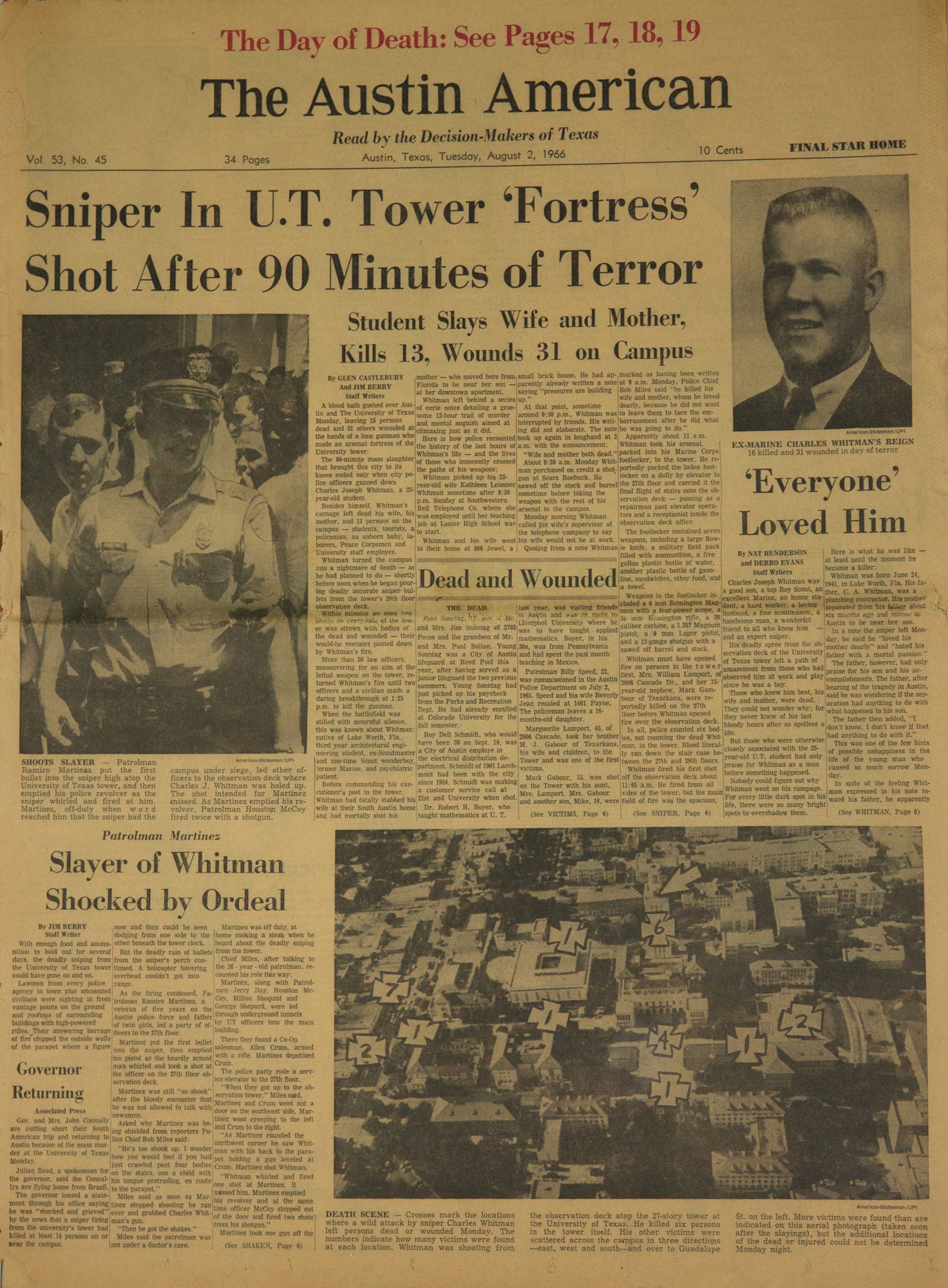 Front page newsprint of the Austin American-Statesman newspaper on August 2, 1966 after the deadly shooting by Charles Whitman at the UT Tower.