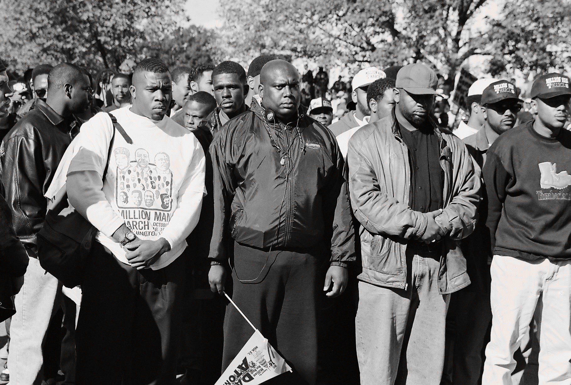 Demonstrators attend the Million Man March in October 1995. Rod Terry, a Washington, D.C., prosecutor at the time, took the day off work to document the Million Man March with his camera. He titled this photo "Seriousness of Purpose."