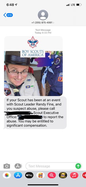 Robot text sent out Oct. 13 in Brevard implies Rep. Randy Fine abused Boy Scouts. Editor's note: the name and phone number for a Boy Scouts official was redacted from this image.