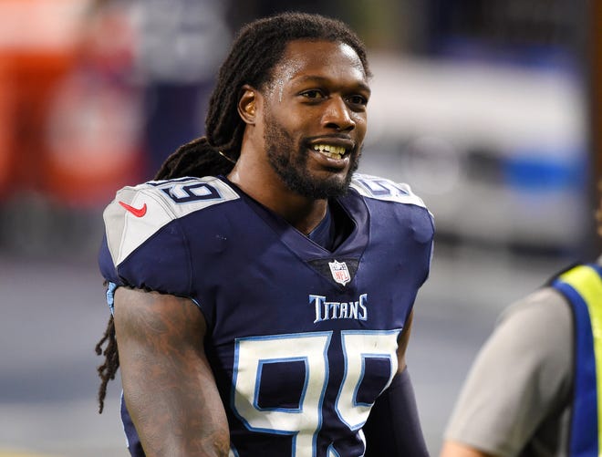 Tennessee Titans outside linebacker Jadeveon Clowney (99) smiles after the team’s 42-16 win over the Buffalo Bills at Nissan Stadium Tuesday, Oct. 13, 2020 in Nashville, Tenn. [George Walker IV / The Tennessean]