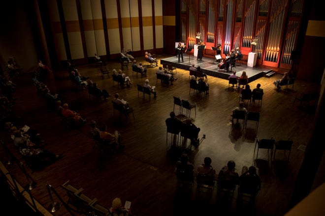 Musicians of the Naples Philharmonic perform in the Wang Chamber Music Series show on Sunday, Oct. 11, 2020, at Artis-Naples. The small audience sat onstage with socially-distanced seating.