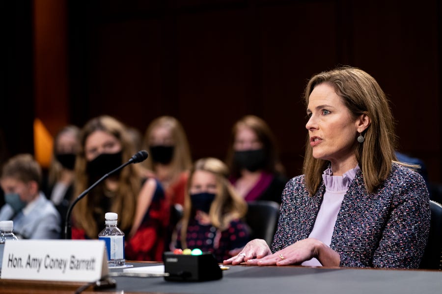 Supreme Court nominee Judge Amy Coney Barrett testifies before the Senate Judiciary Committee on the third day of her Supreme Court confirmation hearing on Wednesday.