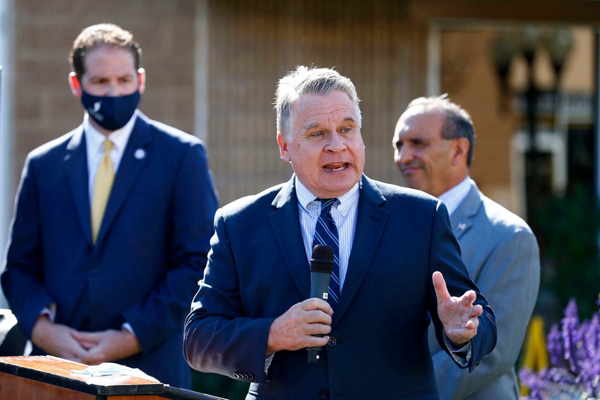 US Congressman Chris Smith speaks about Middletown's Economic Relief Program to Help Small Businesses and Families Recover from COVID-19 during a news conference Thursday, October 15th, 2020, in Middletown. Middletown Mayor Tony Perry (left) and Monmouth County Freeholder Director Tom Arnone are in background.