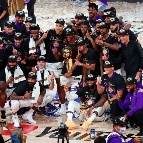 The Lakers celebrate their 2020 championship.