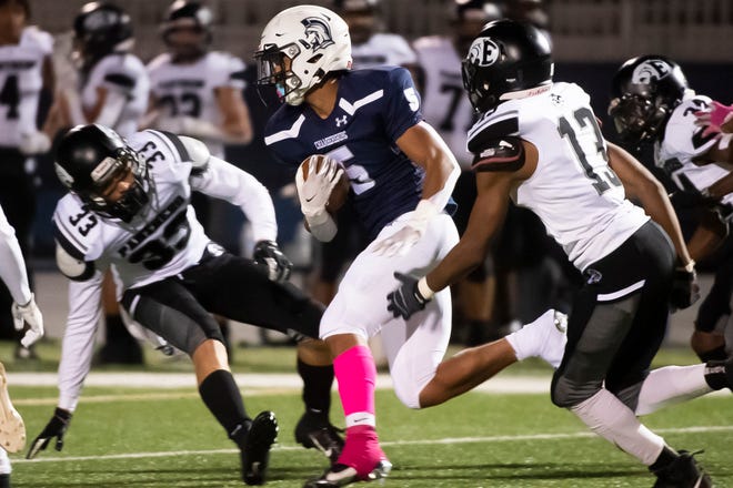 Chambersburg's Jayden Jones (5, pictured against CD East) tallied 100 yards and a score against Cumberland Valley on Friday, October 23, 2020.