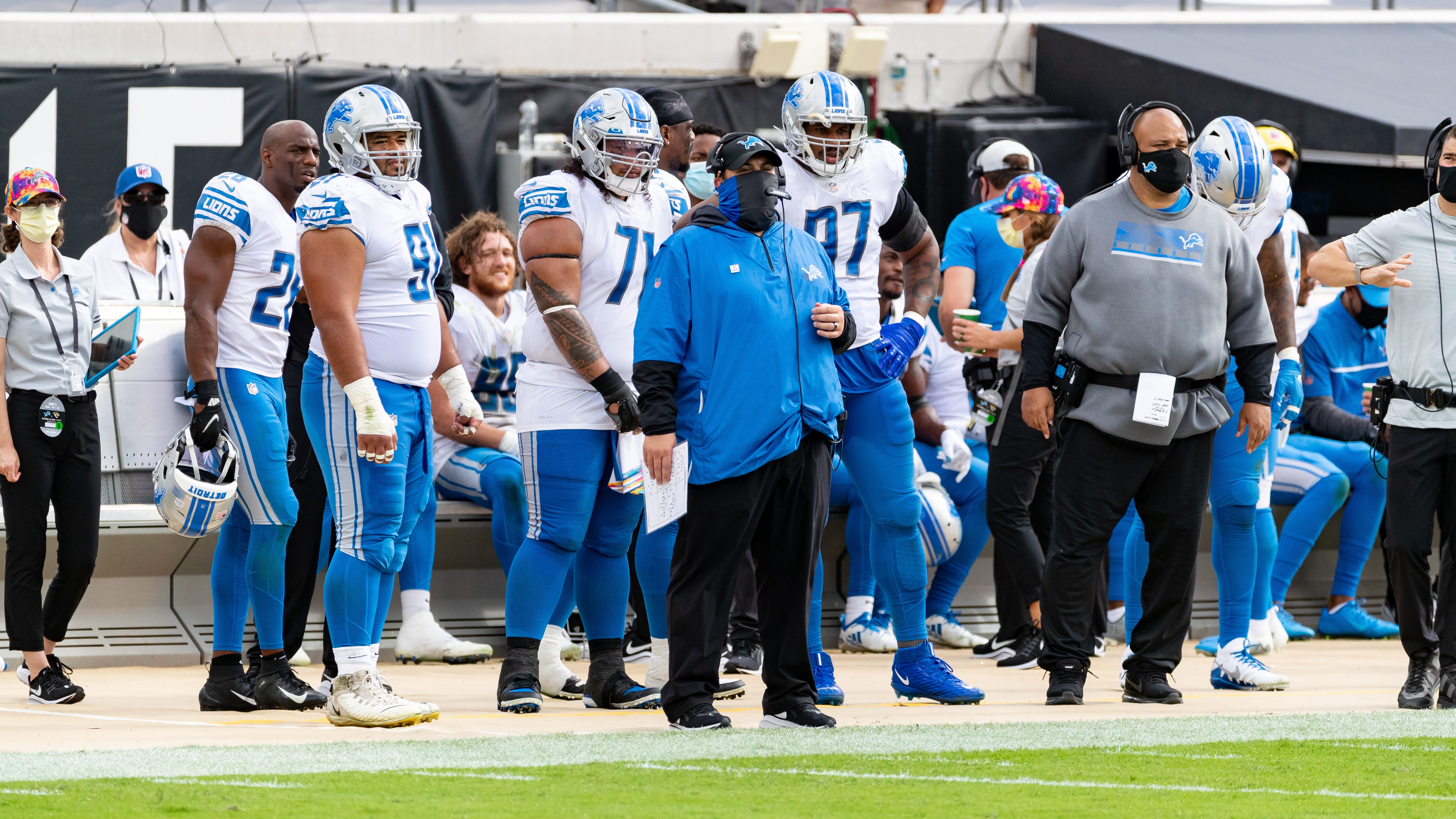 Detroit Lions head coach Matt Patricia, center, during the game against the Jacksonville Jaguars at TIAA Bank Field on Sunday, October 18, 2020.