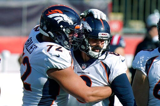 Denver Broncos offensive tackle Garett Bolles, left, congratulates kicker Brandon McManus in the second half of an NFL football game after his sixth field goal against the New England Patriots, Sunday, Oct. 18, 2020, in Foxborough, Mass. (AP Photo/Steven Senne)