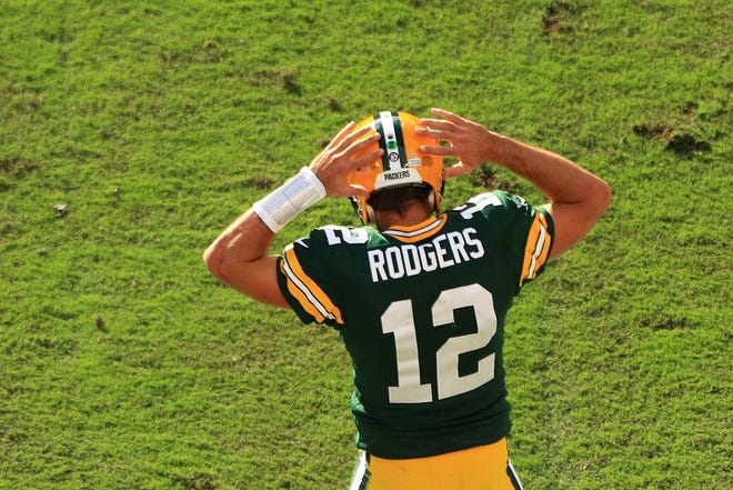 Aaron Rodgers of the Green Bay Packers reacts after what he thought was a touchdown in the first half against the Tampa Bay Buccaneers on Oct. 18, 2020.