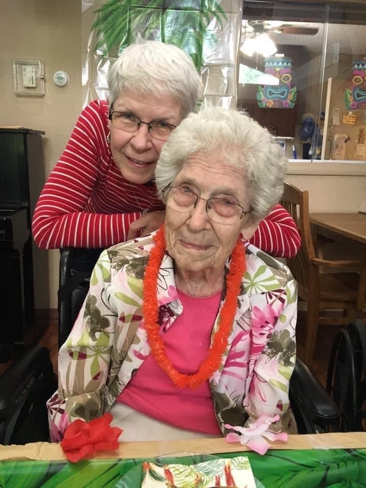 Gayle Royar, top, and her mother, Marty Roesch, enjoyed a happy moment before the coronavirus pandemic hit, leading to lockdown at Roesch's nursing home, the Briarwood Health Care Center in Iowa City.