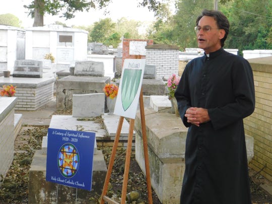 Charles Roy portrays the Rev. James Hyland, the Roman Catholic priest who helped to found Holy Ghost Catholic Church parish in Opelousas in 1920 during the 18th annual St. Landry Church Cemetery tour, which concluded Sunday. During the event, groups are guided among the gravesites in the St. Landry Catholic Church cemetery  where they were met by reenactors portraying former prominent residents who helped to shape St. Landry Parish history.
