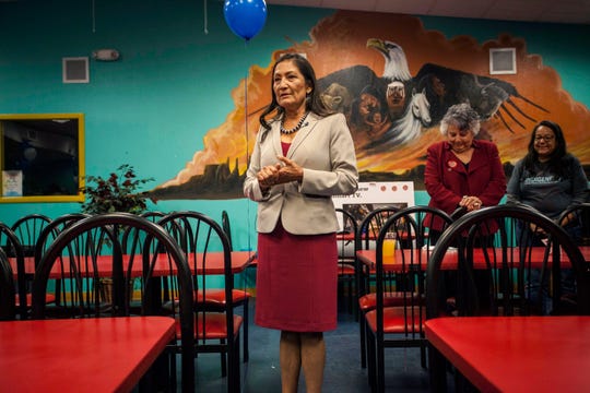 New Mexico Congresswoman Deb Haaland is shown here in 2018 speaking to supporters during a visit to the Albuquerque Indian Center in Albuquerque, N.M.
