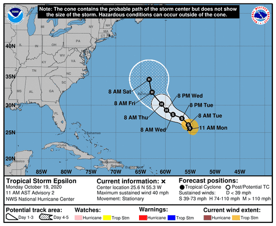 The forecast track of Tropical Storm Epsilon shows it approaching Bermuda as a hurricane later this week.