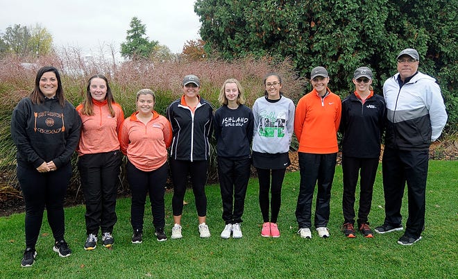 Ashland High’s state-qualifying girls golf team members (l-r) assistant coach Amanda Young, Lydia Wells, Alaina Reed, Sarah Anderson, Livia Sponsler, Kira Moore, Klaira Paramore, Emma Packard and head coach Tom Marquette pose for a picture Tuesday at Ashland Golf Club.