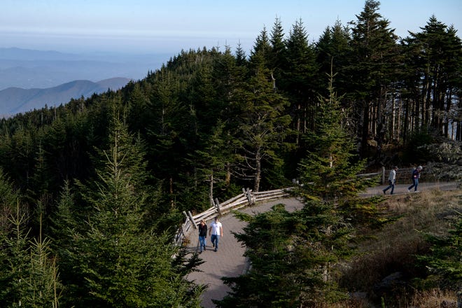 Visitors walk to and from the viewing platform at the summit at Mount Mitchell State Park on Oct. 19, 2020. 