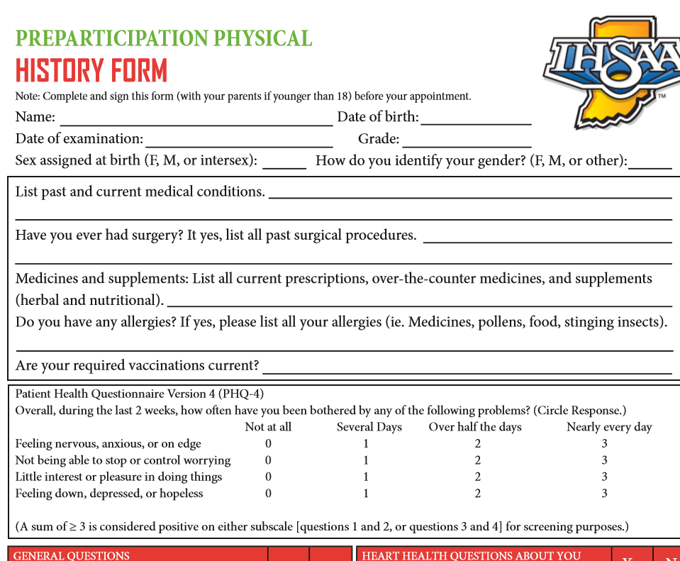 The IHSAA preparticipation physical form for the 2020-21 school year asks athletes what sex they were assigned at birth and how they identify their gender.