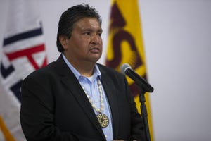 Legislative Chairman Timothy Joaquin Gu Achi speaks during a news conference regarding the Tohono O'odham Nation's $2 million contribution to support COVID-19 research efforts at the University of Arizona and Arizona State University.