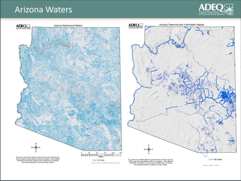 An image of ephemeral waters in Arizona on the left, and perennial waters on the right.