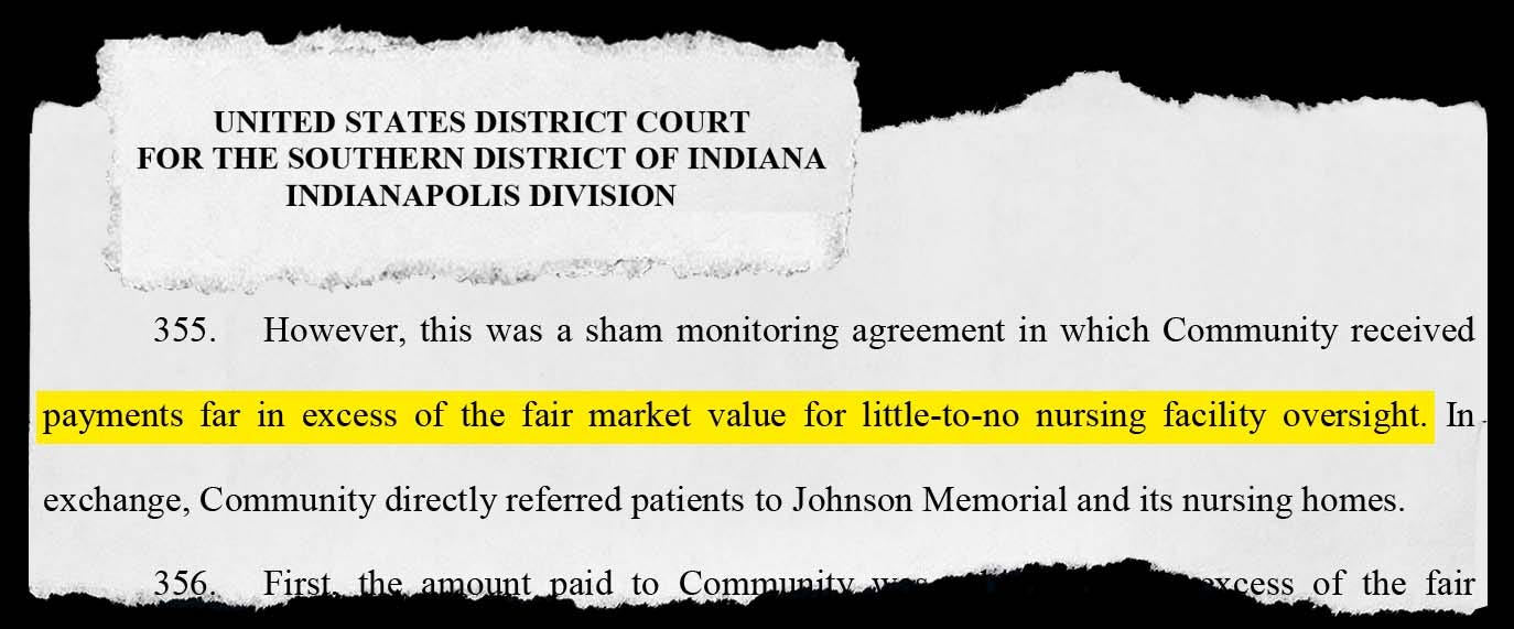 In a federal whistleblower lawsuit, Thomas Fischer, the former CFO of Community Health Network, alleges his former employer accepted kickbacks in exchange for referrals to nursing homes. Community denies the allegations.