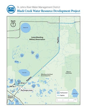The Black Creek Water Resource Development Project in southwest Clay County involves moving water from Black Creek to a recharge area near Keystone Heights to feed the Floridan aquifer.