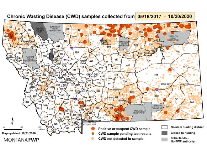 Map of confirmed CWD cases in Montana since 2017