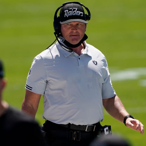 Las Vegas Raiders head coach Jon Gruden watches du