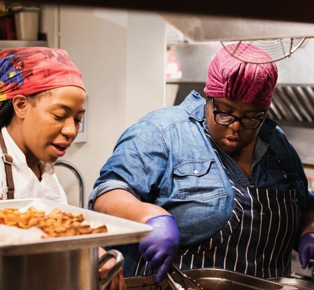 Chef Thérèse Nelson, founder of Black Culinary History, shown at a James Beard dinner in 2019 where she was one of five featured chefs. They cooked a five-course meal "in the spirit of our grandmothers," Nelson said.