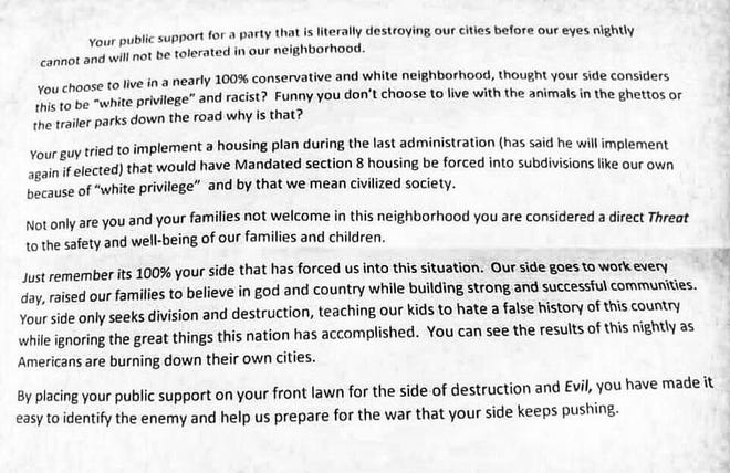 Some public Biden supporters in Rothschild have received threatening letters in the mail that call for “war.”