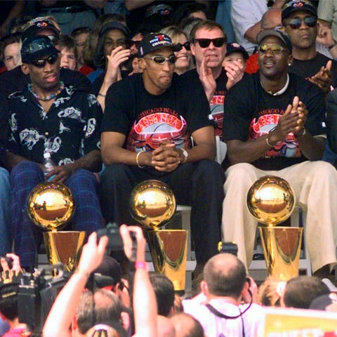 Dennis Rodman, Scottie Pippen, Michael Jordan and 