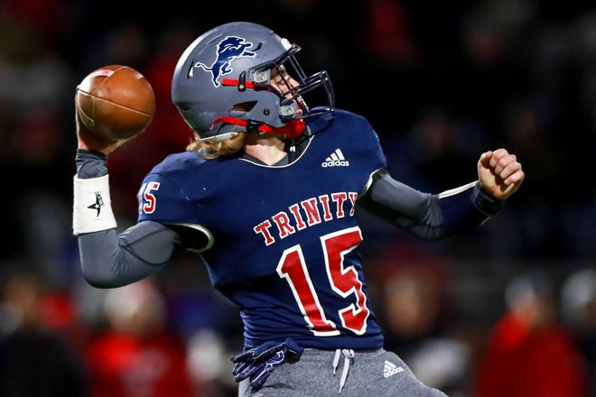 Trinity Christian’s Davis Reeves (15) passes the ball against Lubbock Christian during a TAPPS Division III/IV, District 1 game earlier in the season at Archie Warwick Memorial Stadium. Reeves helped the Lions claim a 38-7 win over Tyler All Saints on Saturday - the Lions first-ever in program history.
